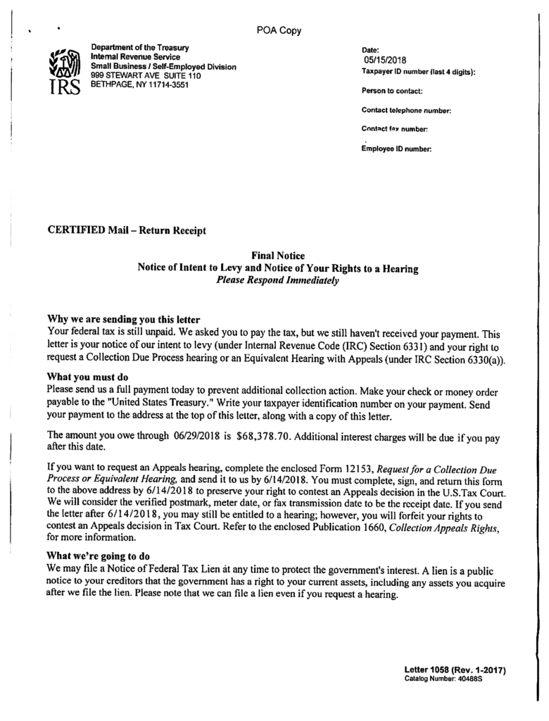 IRS Letter 1058 or LT11 - Final Notice of Intent to Levy | H&R Block