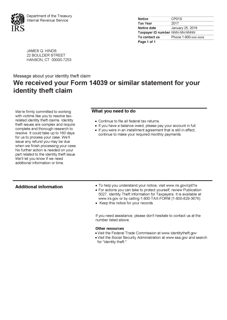 IRS Notice CP01S - Message About Your Identity Theft Claim | H&R Block